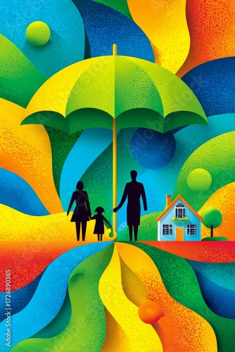 Ilustración vectorial de un paraguas gigante en colores vibrantes con una familia y una casa