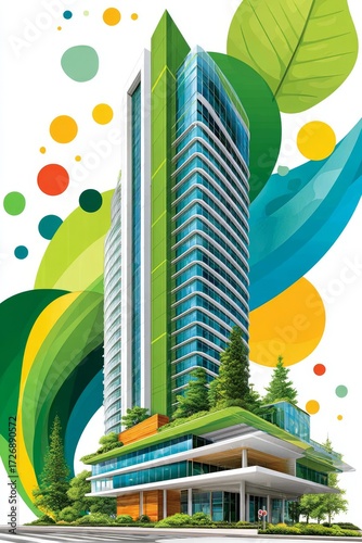 Edificio de oficinas moderno en un entorno verde con diseño innovador y llenos de vida