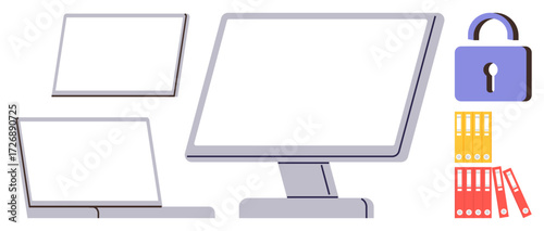 Desktop monitor, laptop, tablet, padlock, and vertical file binders. Ideal for technology, security, organization, digital work personal data business education simple flat metaphor