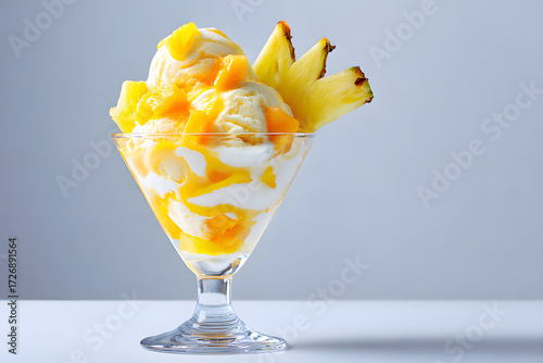 ice cream, chunks of fresh fruit, and tropical pineapple slices in a elegant parfait glass, a refreshing dessert.