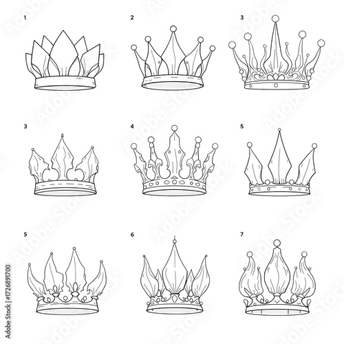 Crown Outline Designs: Royalty Vector Art, Line Art Illustrations of Elegant Crowns, Princess & Queen Tiara Sketches for Graphic Design