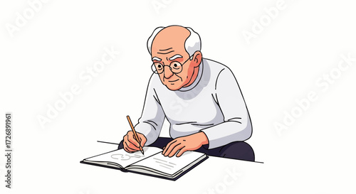 A cartoon-style illustration of an elderly man writing in an open book with a pencil on a white background.