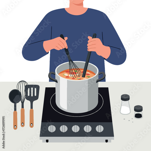 A vibrant 2D flat vector illustration depicts a person stirring delicious soup in a large pot on a stovetop, with cooking utensils and a salt shaker arranged on a clean kitchen counter.