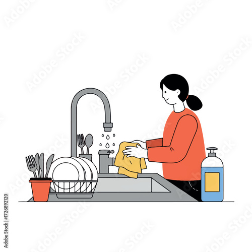 Flat 2D vector of a person drying dishes with a towel by a kitchen sink, featuring a dish rack with plates, cutlery, and dish soap on white.