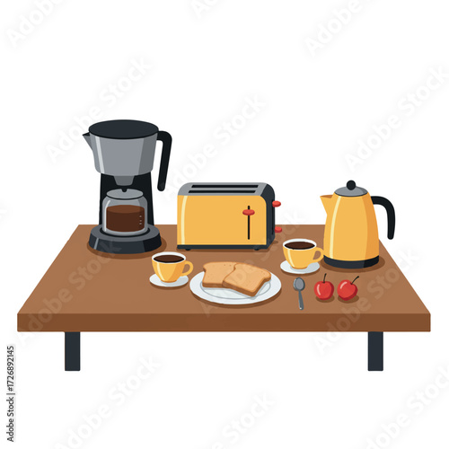 Vibrant 2D flat vector morning breakfast table with a coffee maker, toaster, kettle, cups, a plate of toast, and fresh fruit, depicting a clean daily routine.