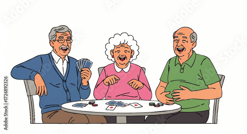 Three senior adults laughing and having fun together at a table with food and drinks in a colorful cartoon style with a joyful and lively mood.