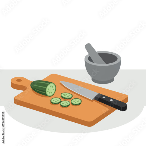 Vibrant flat 2D vector illustration featuring a cutting board with freshly sliced colorful vegetables, a sharp chef's knife, and a mortar and pestle on a modern kitchen counter.