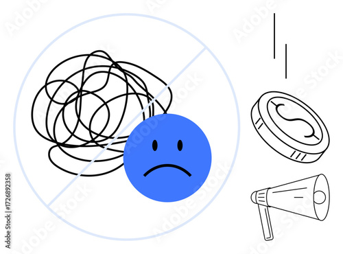 Messy scribble with sad face inside prohibition circle, coin, and megaphone suggest challenges and solutions. Ideal for mental health, stress management, problem-solving, conflict resolution