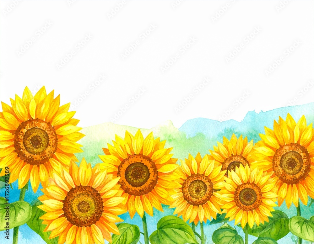 Fototapeta premium Generated image 鮮やかな黄色のひまわりを描いた夏らしい水彩イラストの背景素材