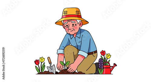 Elderly man gardening with a straw hat