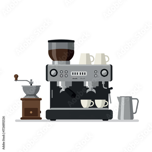 Vibrant 2D flat vector illustration of a minimalist coffee station, featuring an espresso machine, coffee grinder, milk frother, and coffee cups on a clean white surface.