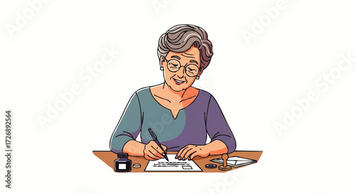 Illustration of a senior woman writing on a piece of paper at a desk with a pen and glasses on a white background.