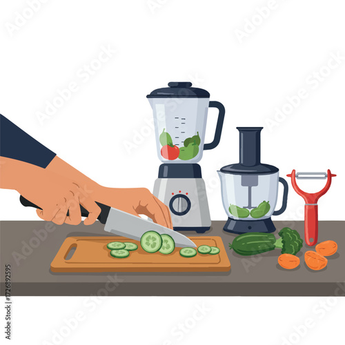 A hand with a knife slices colorful vegetables on a cutting board, with a blender, food processor, and peeler on a kitchen counter in a clean 2D vector illustration.