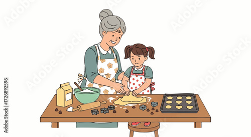 Elderly woman showing her granddaughter how to bake bread