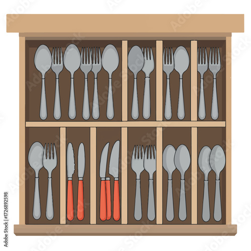 Vibrant 2D flat vector illustration of an organized kitchen drawer with neatly arranged forks, spoons, and knives in compartments on a white background.