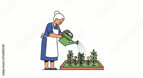 An elderly woman in a blue dress and white apron waters plants in a garden bed with a green watering can, conveying a serene and nurturing mood.