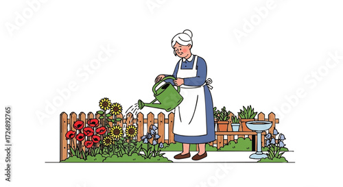 An elderly woman wearing a blue dress and white apron waters flowers in a garden with a wooden fence and bench.