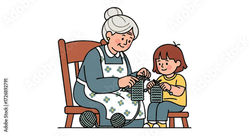 An elderly woman and a young girl sitting on chairs, knitting with yarn in a simple, illustrative style with a warm and cozy mood against a plain white background.