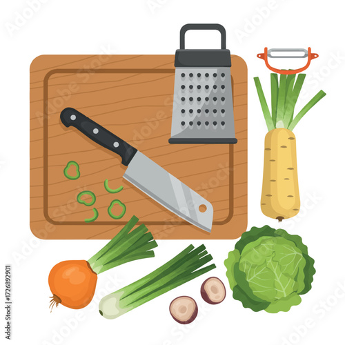 Organized kitchen workspace flat 2D vector illustration, featuring a wooden cutting board, chef's knife, grater, peeler, and fresh vegetables on white background.