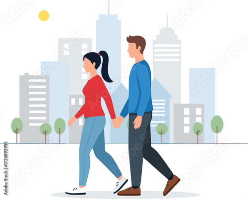 Cartoon Lifestyle Icons Featuring Couple Walking Hand-in-Hand in Cityscape, Calm Mood, Romance Theme, and Modern Urban Stroll Scene