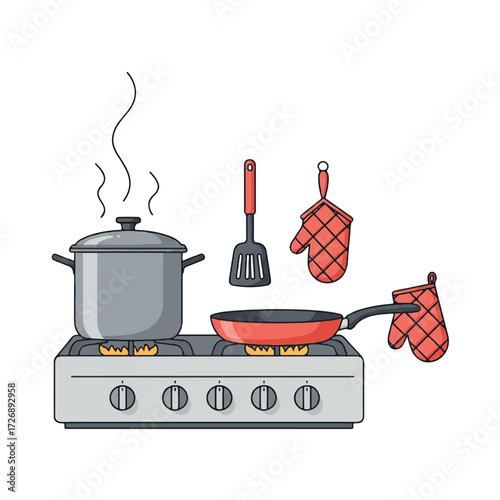 Vibrant 2D flat vector illustration of essential cooking equipment: a steaming pot, frying pan with spatula, and oven mitts neatly on a stovetop, against a clean white background.