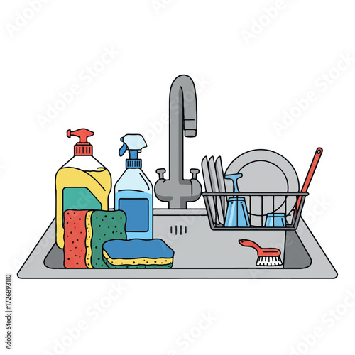Clean kitchen essentials: dish soap, sponge, brush, and dish rack with plates and glasses, neatly arranged around a sink, vibrant 2D flat vector on white background.