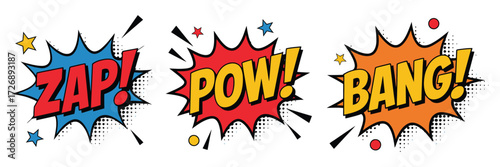 Fun comic book sound effects zap pow bang with bright colorful speech bubbles vector illustration