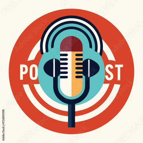 Flat Design Podcast Studio Logo with Retro Mic and Audio Recording Symbol