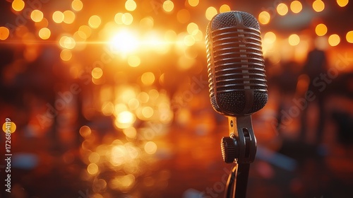 Vintage microphone stage with audience and bright, bokeh lights