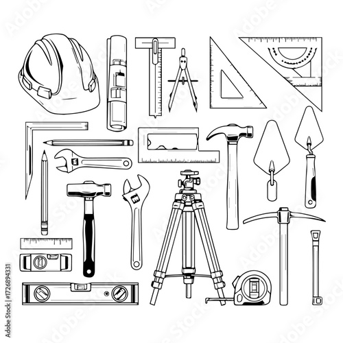 Collection of construction and measurement tools including safety helmet, levels, wrenches, hammer, tripod, and drawing instruments