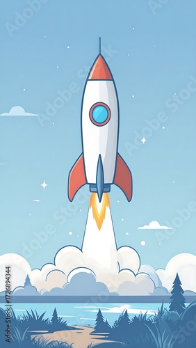 Rocket launching into space over a landscape