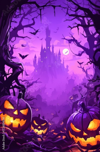Wallpaper Mural Dark trees surround a misty forest filled with glowing jack-o-lanterns. A haunted castle looms in the distance under a purple sky, providing an eerie atmosphere for Halloween. Torontodigital.ca