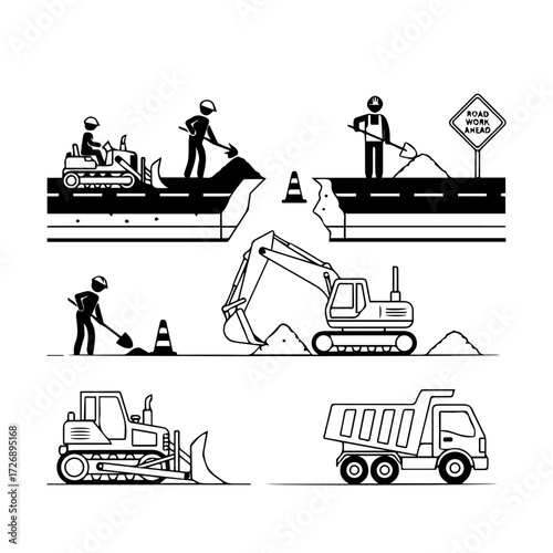 Roadwork and Construction Line Art Illustrations of Machines and Workers