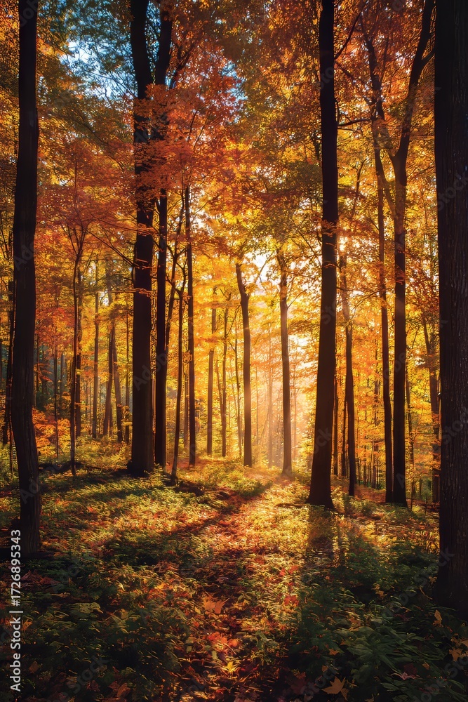 Fototapeta premium autumn forest in full color and bathed in golden light