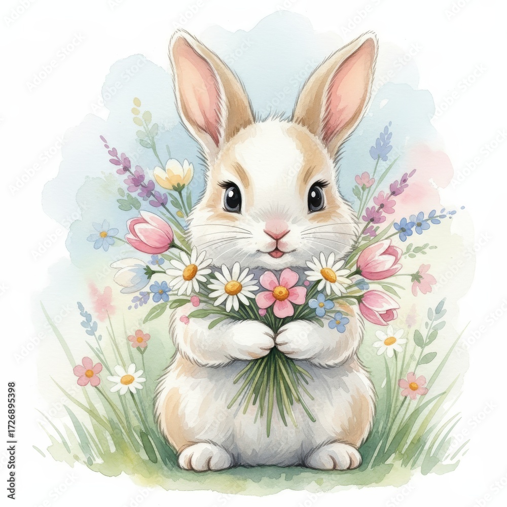 Obraz premium adorable bunny holding flowers in a vibrant garden, cute animal illustration, springtime art, watercolor style, cheerful and colorful design - AI Generated Digital Art