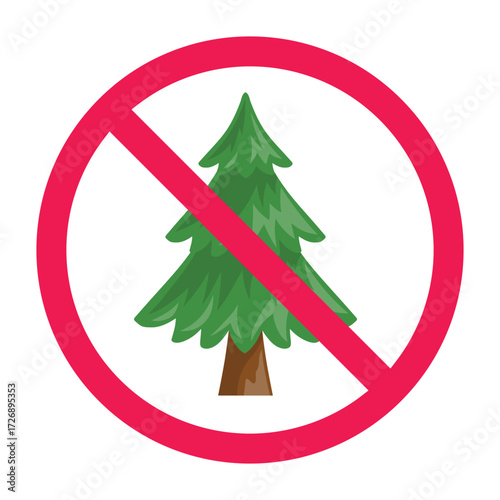No tree sign, forbidden sign with pine and spruce trees icon, free from tree area sign, red crossed circle symbol, flat vector illustration
