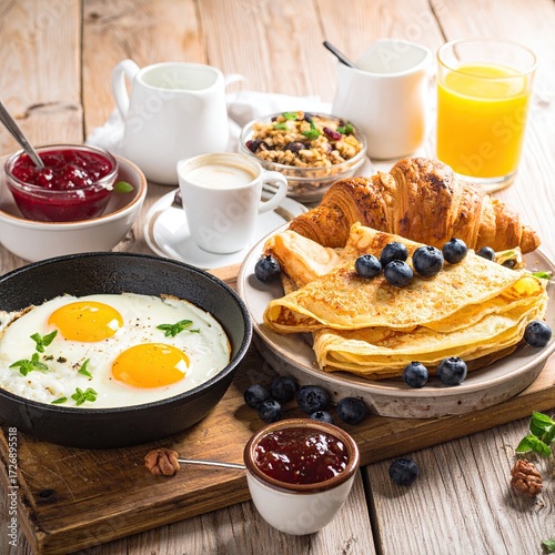 Bountiful breakfast spread on a rustic wooden table, featuring eggs, cr?pes, croissants, fruit, juice, and coffee