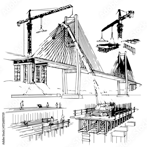 A set of detailed architectural sketches and technical drawings illustrating the various phases of large-scale cable-stayed bridge construction and civil engineering