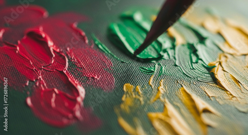 Artist meticulously blends vibrant oil paints on textured canvas, capturing creative process and artistic expression in stunning detail