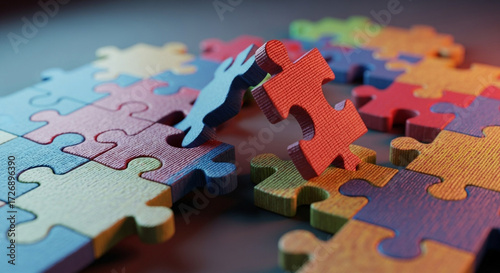 Dynamic puzzle pieces connecting, symbolizing teamwork, strategy, and problem-solving in a vibrant, modern concept.
