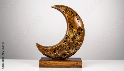 Wooden crescent moon sculpture on a stand