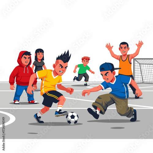 2D flat vector illustration of teenage characters playing intense street soccer on concrete court, one dribbling, another defending, casual sporty streetwear