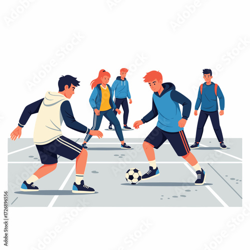 2D flat vector illustration of teenage characters playing intense street soccer on concrete court, one dribbling, another defending, casual sporty streetwear