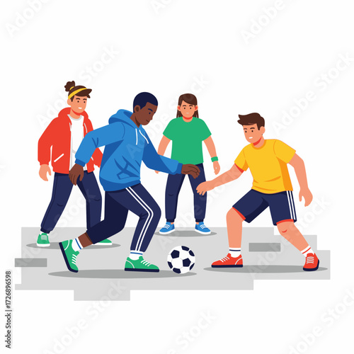 2D flat vector illustration of teenage characters playing intense street soccer on concrete court, one dribbling, another defending, casual sporty streetwear