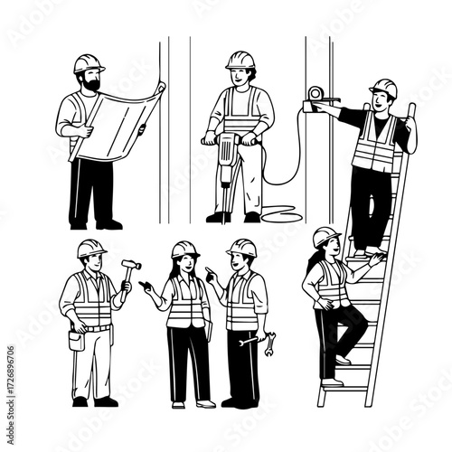 Construction Workers in Various Roles, Black and White Line Art Illustration