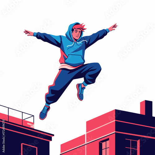 2D flat vector illustration of teenage character leaping across rooftops in urban street parkour style, arms stretched mid-air