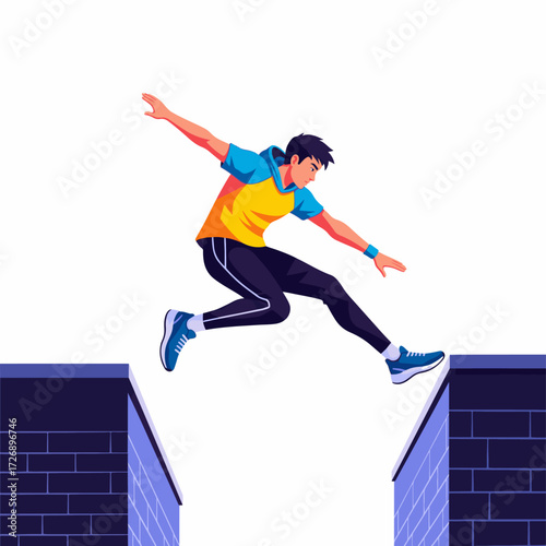 2D flat vector illustration of teenage character leaping across rooftops in urban street parkour style, arms stretched mid-air
