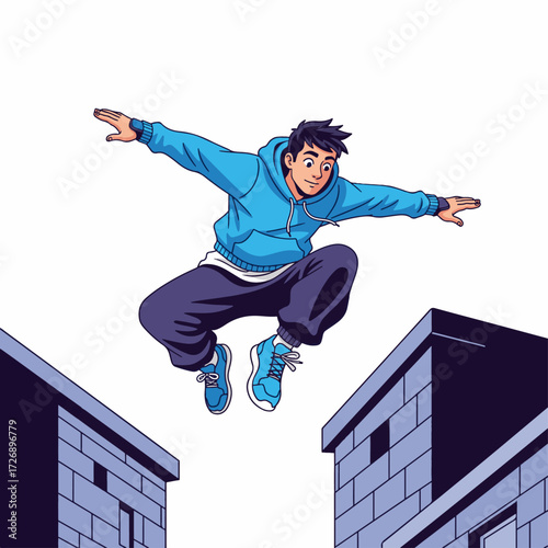 2D flat vector illustration of teenage character leaping across rooftops in urban street parkour style, arms stretched mid-air
