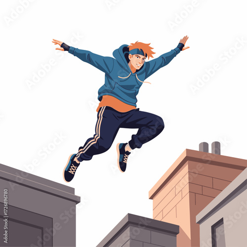 2D flat vector illustration of teenage character leaping across rooftops in urban street parkour style, arms stretched mid-air
