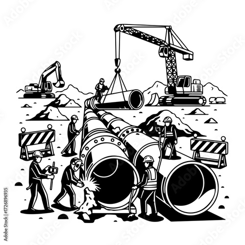 Vector illustration of industrial pipeline construction. Workers and heavy machinery install large pipes, showcasing vital infrastructure development